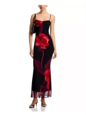 NWT Aqua Black Maxi Dress with Red Floral Print